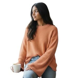 The Drop Alice Crew-Neck Ribbed Pullover Sweater, Apricot Crush, Medium